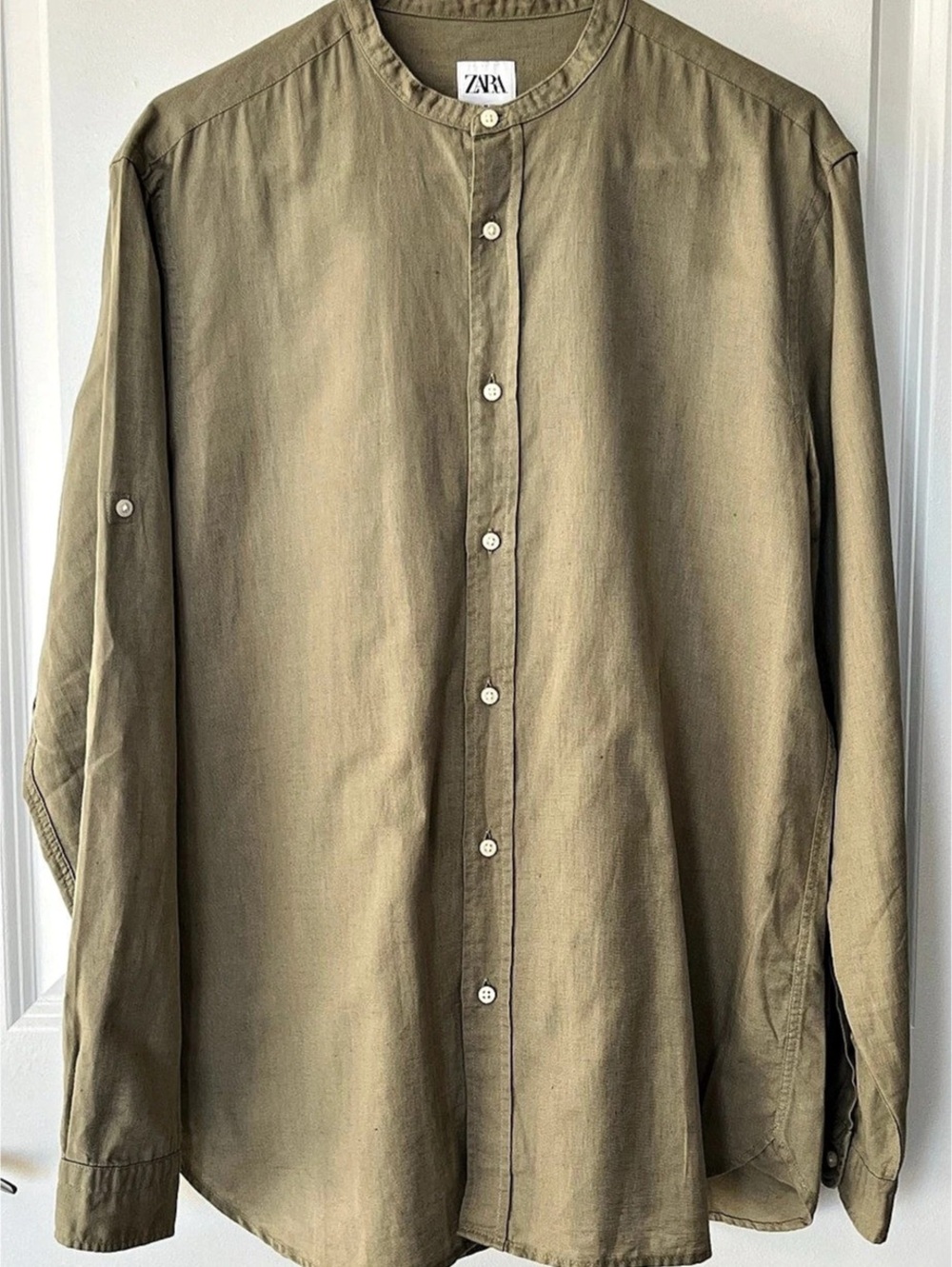 Zara Relaxed Fit Mandarin Collar Shirt Green Medium